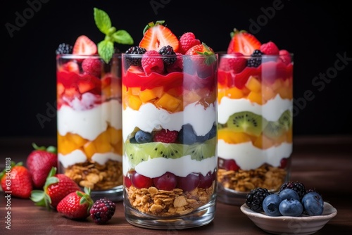 parfait glasses with layered fruit salad and yogurt photo