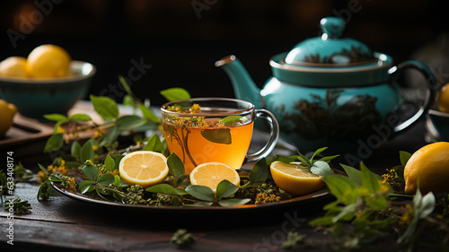 cup of tea with lemon and mint leaves