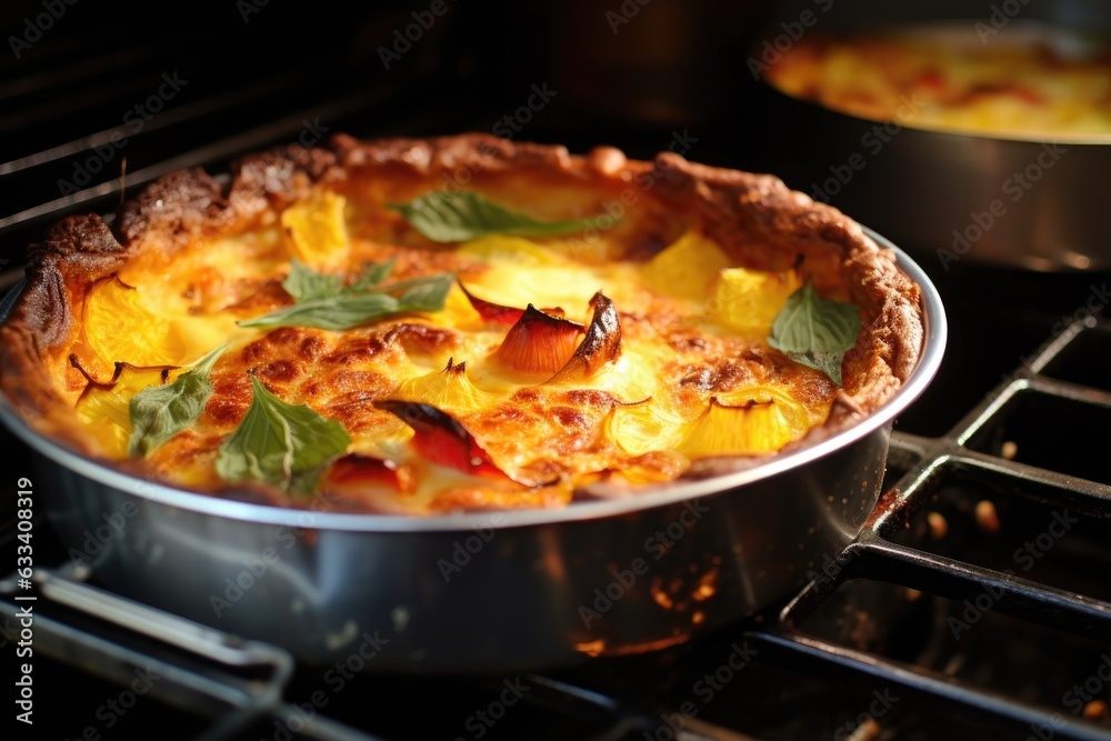 quiche in the oven with golden crust forming