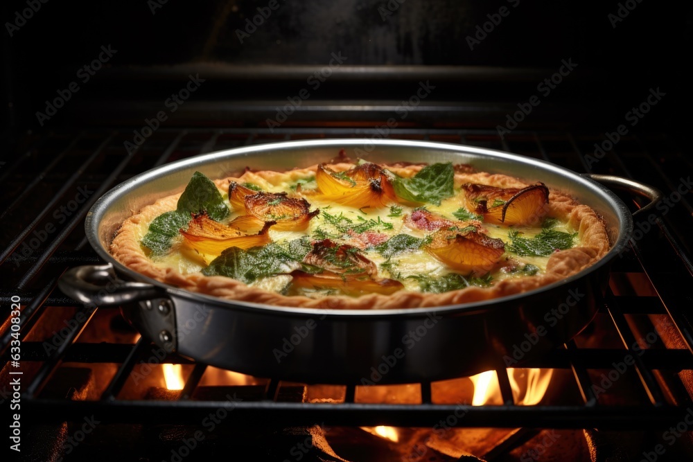 quiche in the oven with golden crust forming