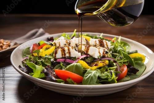drizzling olive oil and balsamic vinegar on a salad photo