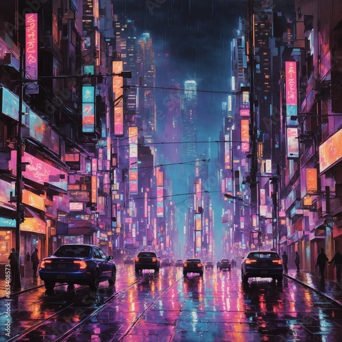 Impressionist Rainy Cityscape: Neon Nights & Glowing Streets