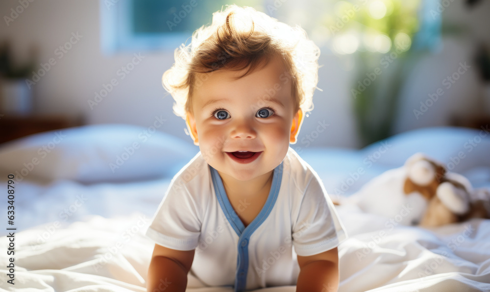 Fototapeta premium Serene Baby Boy in Bright White Sunny Bedroom