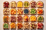 toast with different toppings arranged in a grid