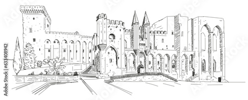 Esquisse - Dessin au trait - Palais des Papes - Avignon - Architecture - Construction - Patrimoine - Constructions gothique - Moyen Âge - Forteresse - résidence pontificale - Chrétien - Édifice 
