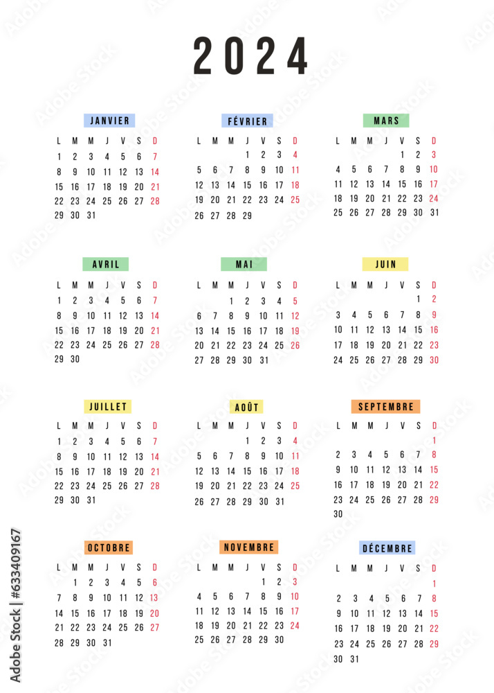 French calendar 2024 year. Vector stationery calendar week starts Monday. Yearly organizer. Simple calendar template in minimal design. Business illustration. French calendar 2024 year. Vector stationery calendar week starts Monday. Yearly organizer. Simple calendar template in minimal design. Business illustration.