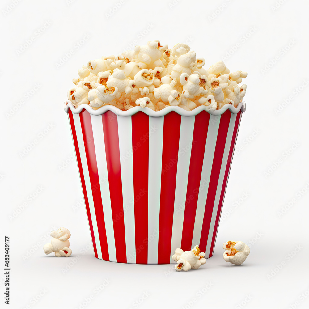 A classic striped cup filled with freshly popped popcorn