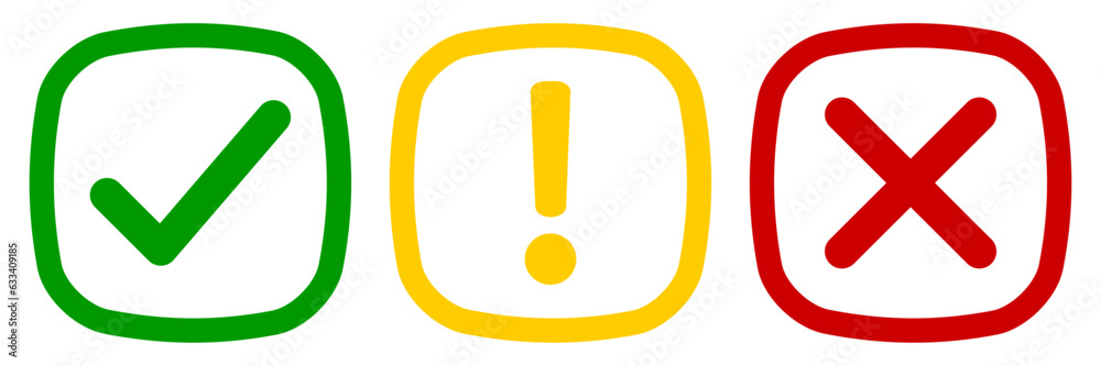 Vector set of flat rounded square check mark, X mark icons, exclamation point. Checkmark, exclamation round sign, X mark -stock vector. Vector illustration in color green, yellow, red outline Vector set of flat rounded square check mark, X mark icons, exclamation point. Checkmark, exclamation round sign, X mark -stock vector. Vector illustration in color green, yellow, red outline