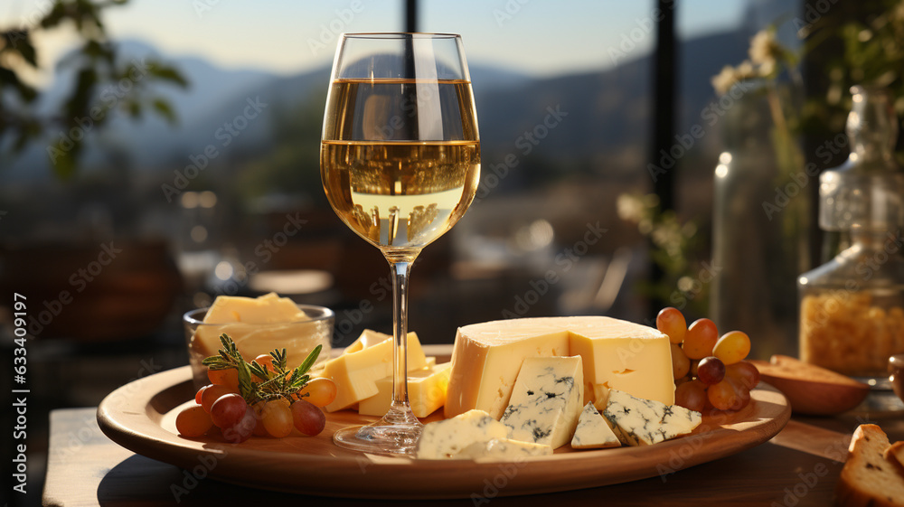 wine bottle and glass of white wine on wooden board with cheese wine bottle and glass of white wine on wooden board with cheese