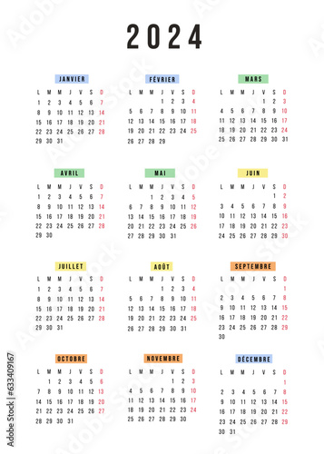 French calendar 2024 year. Vector stationery calendar week starts Monday. Yearly organizer. Simple calendar template in minimal design. Business illustration.