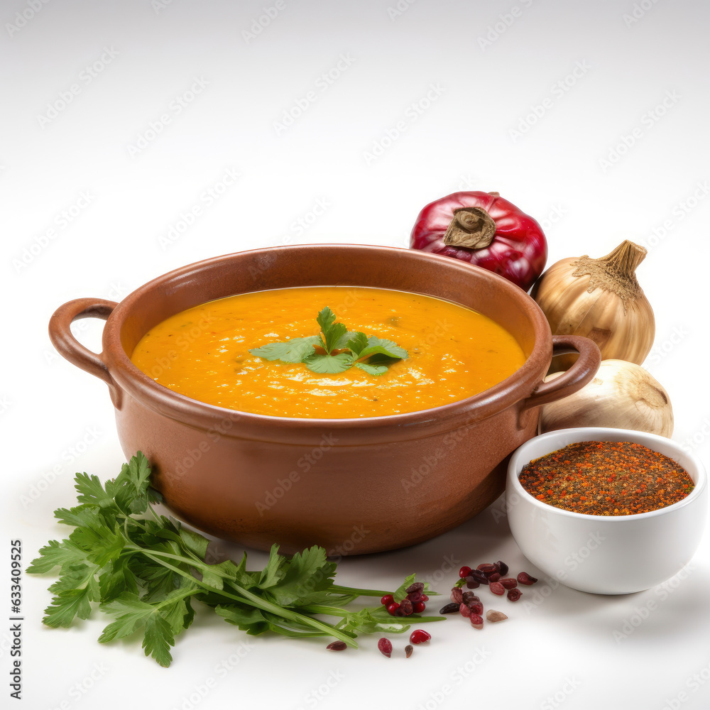 A delicious and aromatic bowl of soup with a side of colorful spices A delicious and aromatic bowl of soup with a side of colorful spices