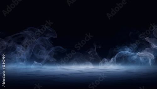 Black and blue misty dark background. Dark room or street with smoke, fog, blue neon spotlight