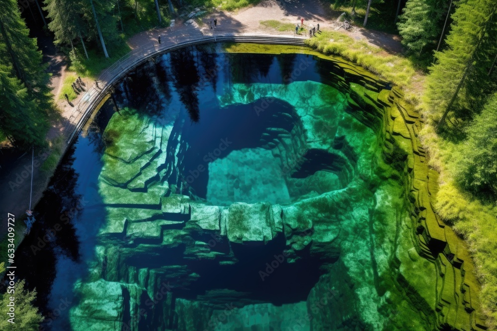 aerial view of a crystal-clear natural pool surrounded by forest
