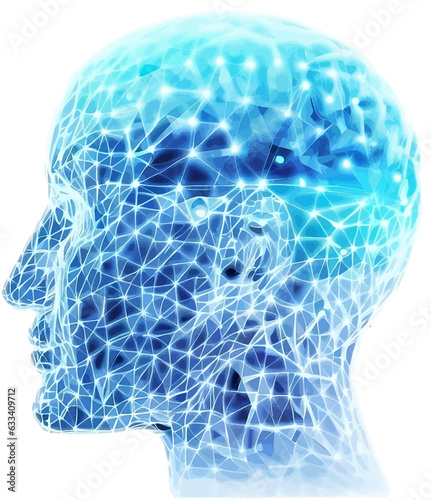 Human , andriod , cyborg ,and AI Head and brain  made from triangel mesh pattern conectivity  cloud point in light blue color. Die cut vector. side view. photo