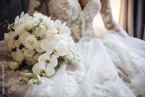 A bride in a wedding dress holds a bouquet of roses and orchids photo