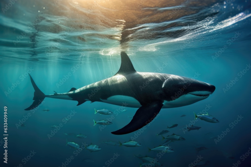 Fototapeta premium orcas dorsal fin through the water as it approaches a sealion