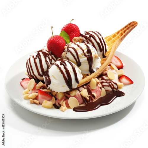 A delicious dessert with ice cream and fresh strawberries on a white plate photo