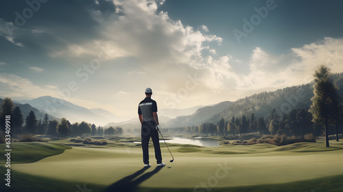 A man stands on a perfect lawn  a glimpse of golf 