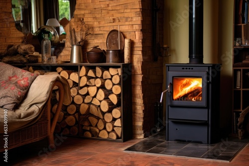 Fotografija wood-burning stove with firewood nearby