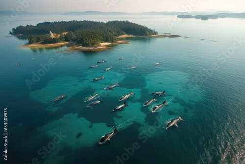 aerial view of orcas surrounding a group of sealions near the coast