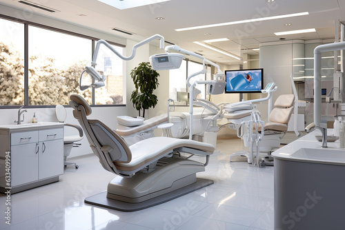 Dentist room  Simple lines and uncluttered spaces  Soft pastels and whites  Large windows for natural light. Generative AI.