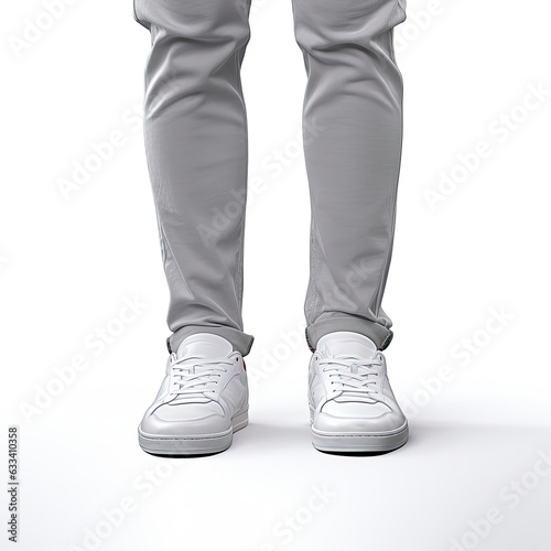 A man wearing grey pants and white sneakers