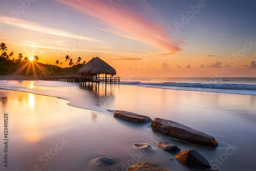 Design an image of a tropical paradise with palm-fringed beaches, crystal-clear waters, and a breathtaking sunset painting the sky in shades of pink, orange, and purple © Exotic Graphics