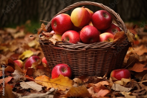 apple basket surrounded by autumn leaves