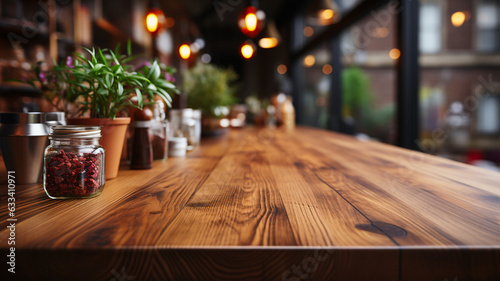 wooden table with a background of kitchen