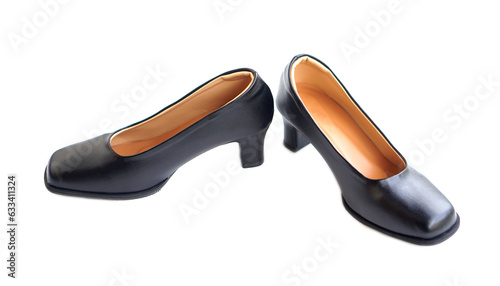 Black high heel shoes for woman, isolated on white background.Concept, formal and polite footwears for office workers, students or teachers to wear shoes in school or university. Polite uniform.      