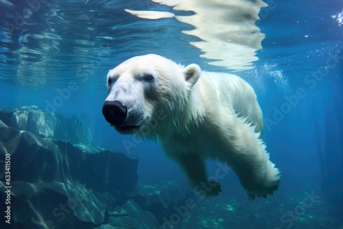 polar bear swimming underwater in clear blue ice