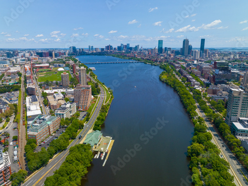 Aerial view of Cambridge on the left and Boston Back Bay on the right connected by Harvard Bridge across Charles River, Boston, Massachusetts MA, USA. 