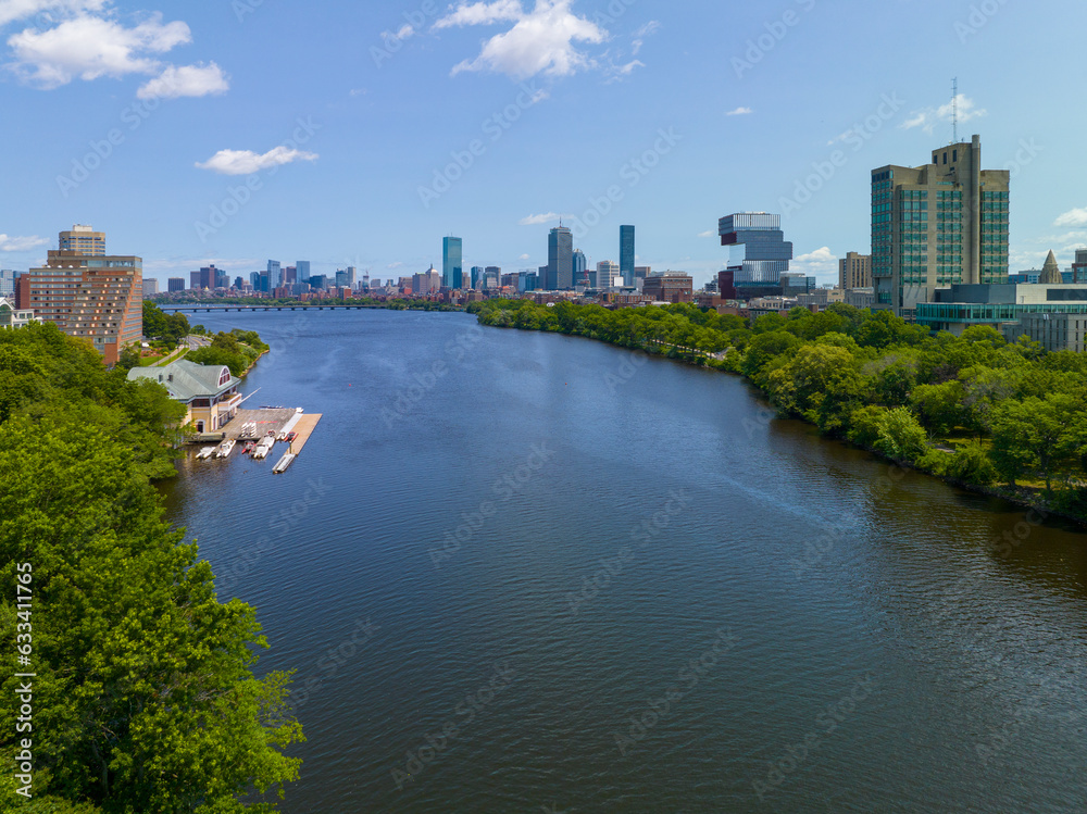 Aerial view of Cambridge on the left and Boston Back Bay on the right connected by Harvard Bridge across Charles River, Boston, Massachusetts MA, USA. 
