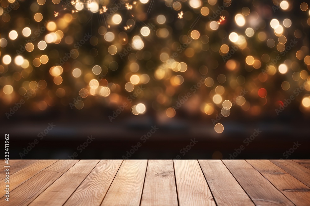 Empty wood table top with blur Christmas tree with bokeh blur. Generative AI.