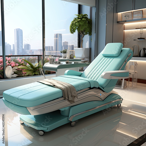This AI-generated illustration depicts a modern medical office with an electronic medical record system and wheelchair-accessible examination tables. The nature-inspired artwork and potted plants brin
