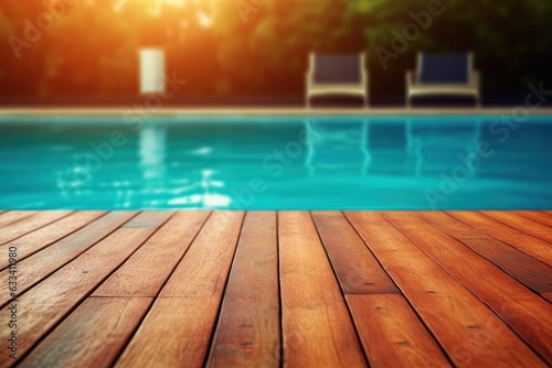 Empty wooden surface with summer travel hotel swimming. Generative AI.