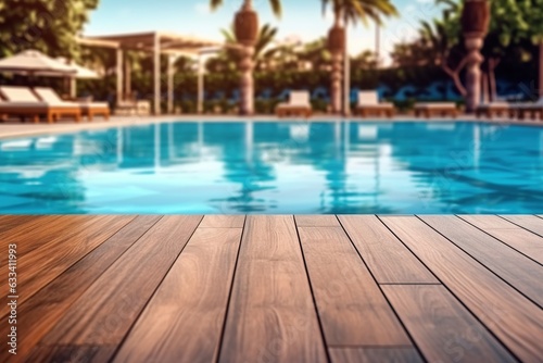 Empty wooden surface with summer travel hotel swimming pool. Generative AI.