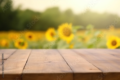 Picture an empty wooden table boldly standing in the center of a magnificent sunflower field during summertime. Generative AI.