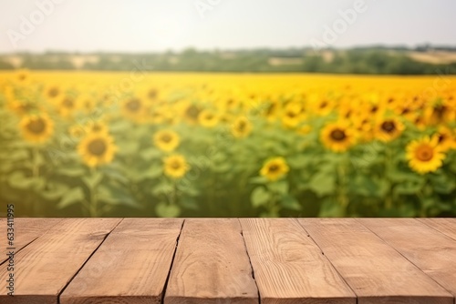 Empty wooden table in the sunflower field in summertime. Generative AI.