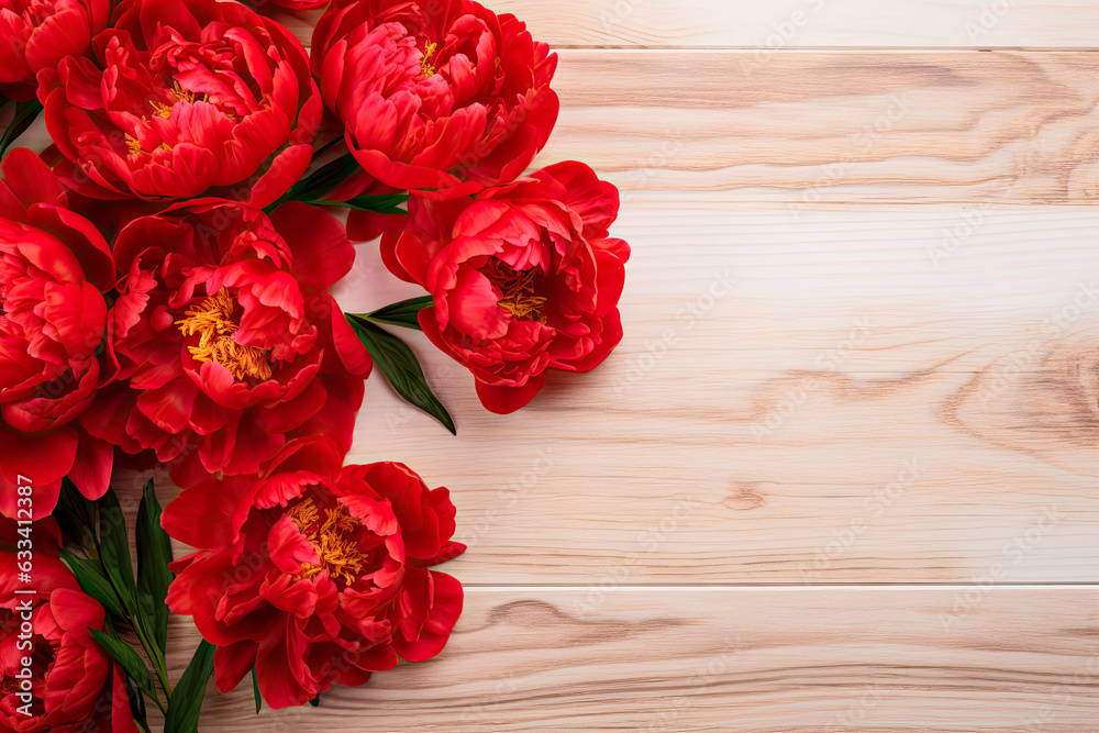 Red peonies bouquet on wooden table. Top view. Copy space