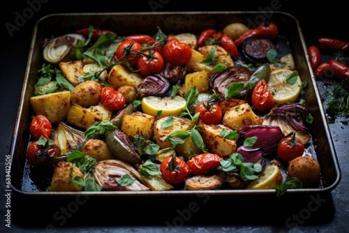 baking sheet with roasted vegetables and proteins