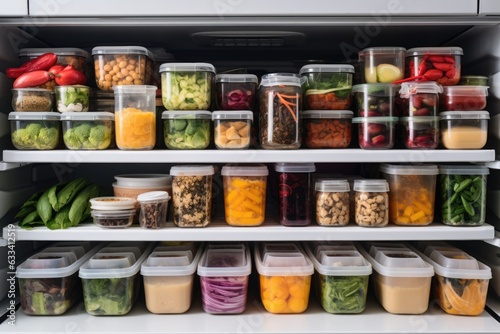 organized fridge with labeled meal prep containers and ingredients