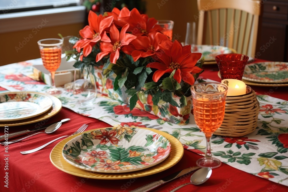 festive table setting with holiday-themed plates and napkins