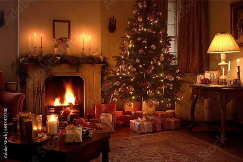 Interior of a house with christmas decorations. Generative AI.