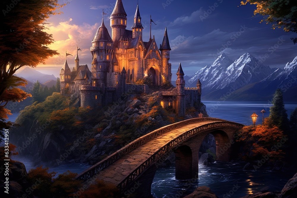 Fototapeta premium Mystical medieval castle on the island. Generative AI.