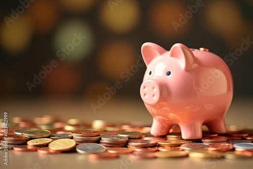 Piggy bank with coins. Generative AI.