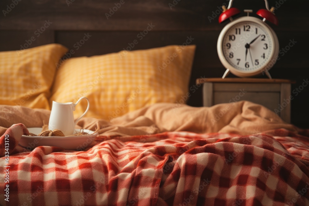 alarm clock on a bed with a cozy blanket and pillow