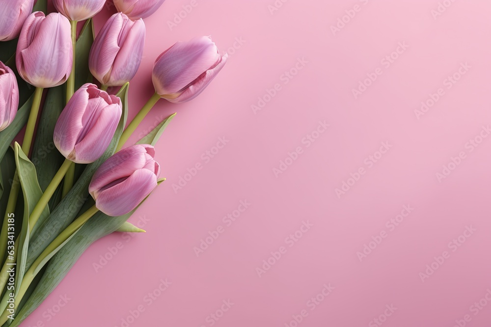 Pink tulips on a pink background. Generative AI.