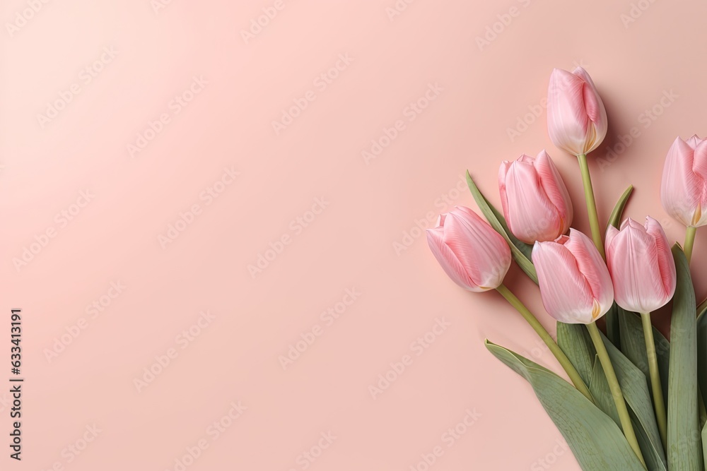 Spring tulip flowers on baby pink background top view. Generative AI. Spring tulip flowers on baby pink background top view. Generative AI.