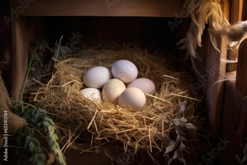 freshly laid eggs in a cozy nesting box